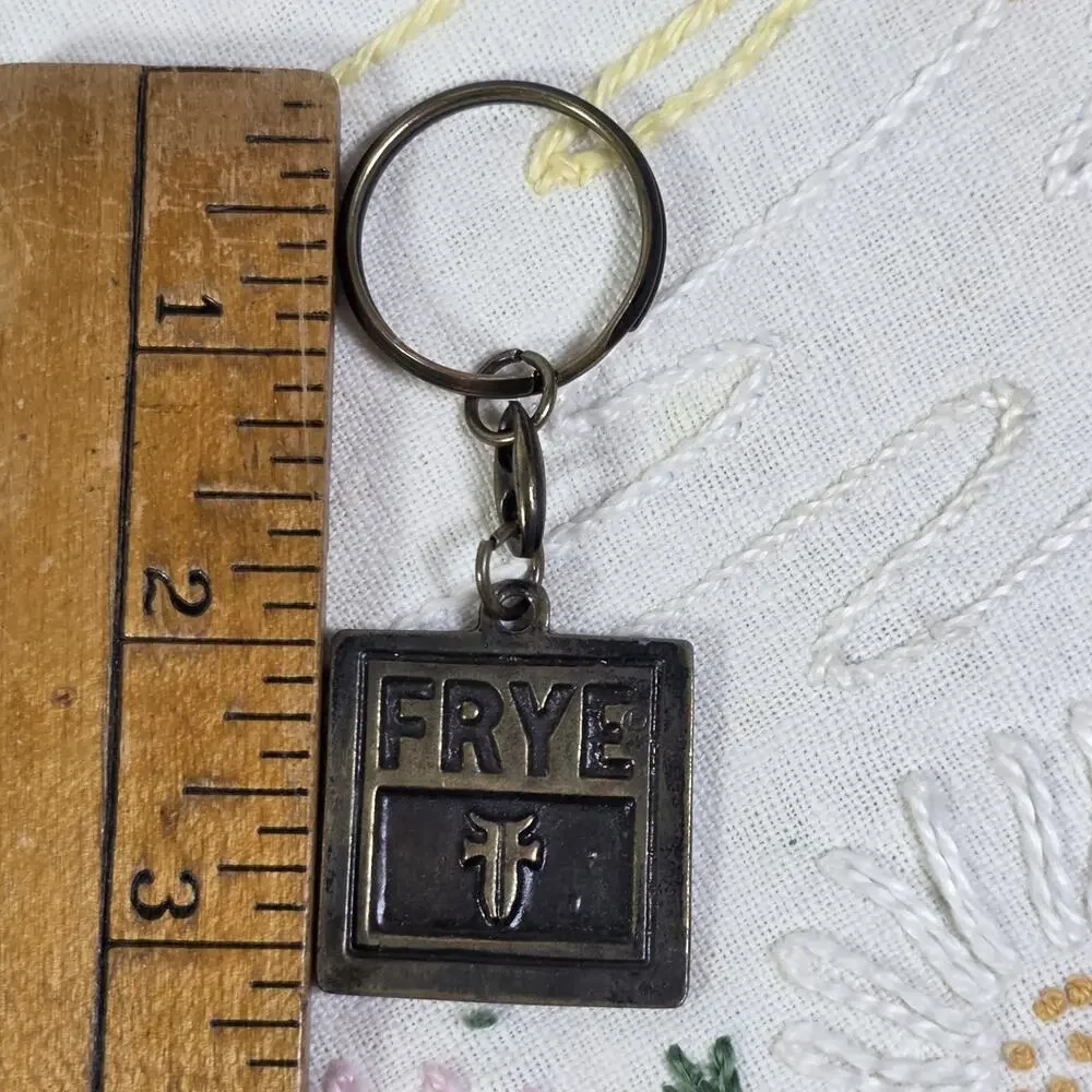 Frye Logo Metal Keychain Key Ring Bronze Tone Square Western Leather Brand